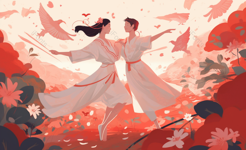 花丛中翩翩起舞男女情侣手绘插画图,插画/手绘图,插画/手绘图库,插画/手绘图下载,插画/手绘